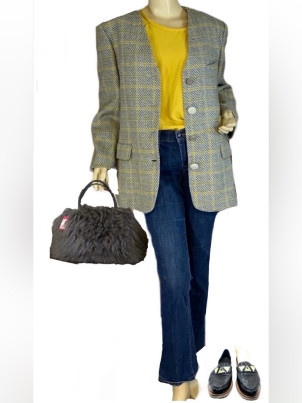 VINTAGE 1980'S HARVE BENARD GRAY & CHARTREUSE GLEN PLAID WOOL BLAZER (10)
